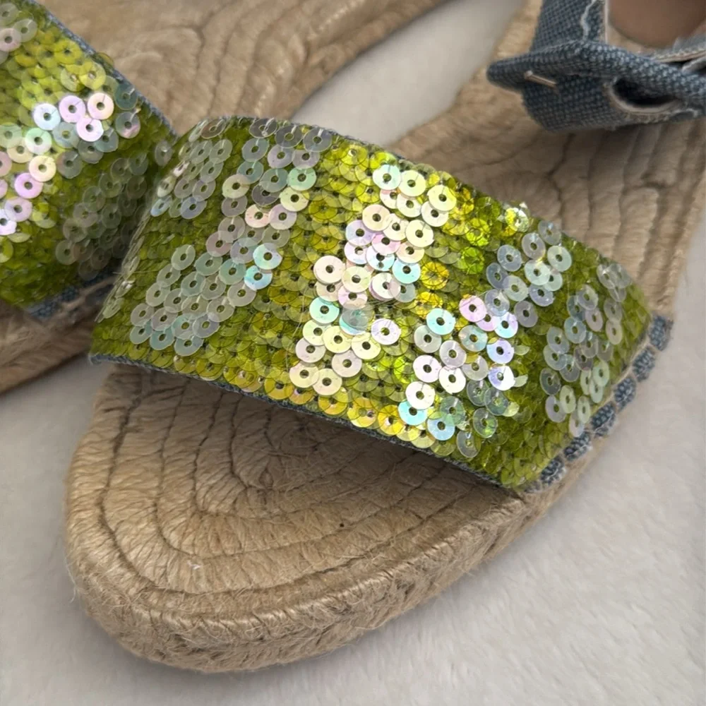 J. Crew | Sequin Ankle Strap Espadrilles Green/Blue Chambray (8) - Picture 5 of 15